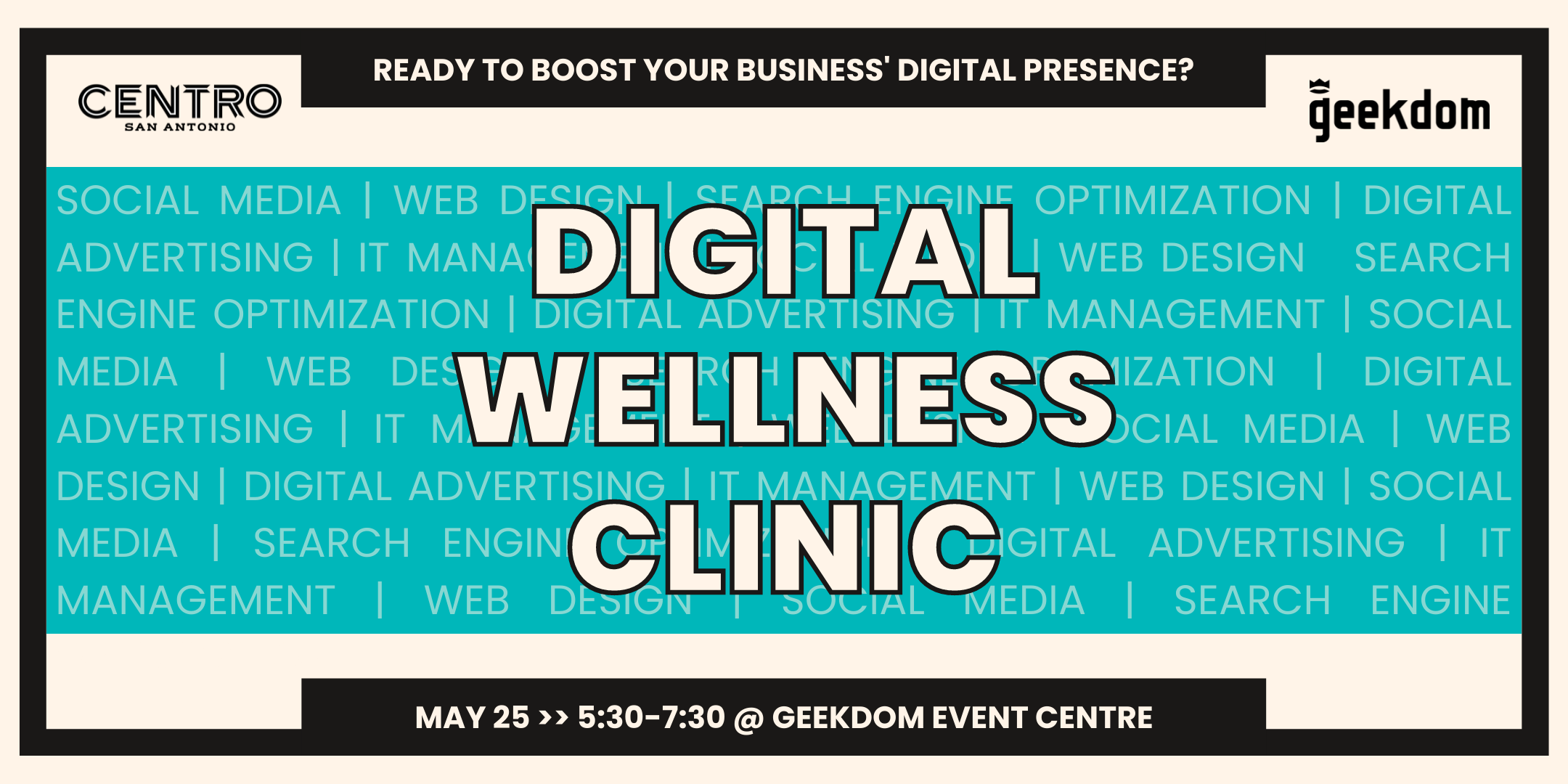 Digital Wellness Clinic Graphic For May 25 %:30-7:30 @ Geekdom Event Centre