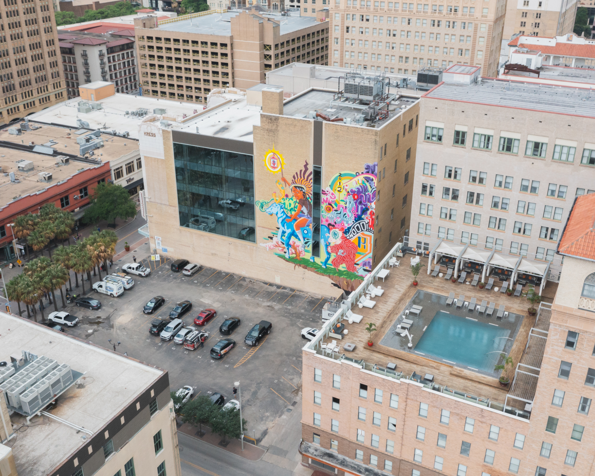 Down Town San Antonio showing Art on Side Of Build